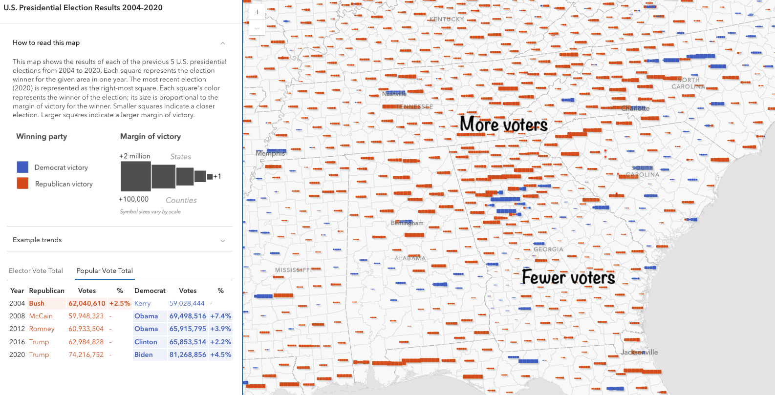 Map of the southeastern United States with annotations showing areas with more voters and areas with fewer voters.